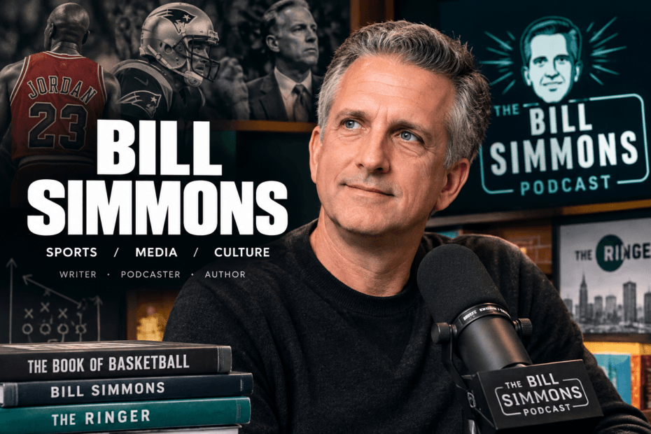 Bill Simmons sports writer, podcaster, and author featured in a professional podcast studio.