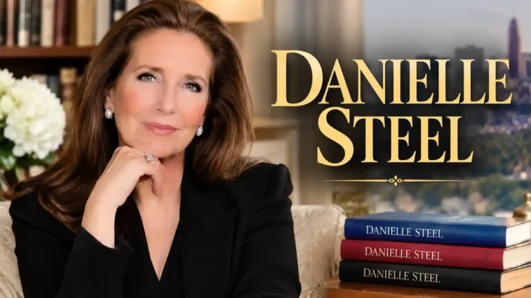 Danielle Steel portrait with her bestselling books