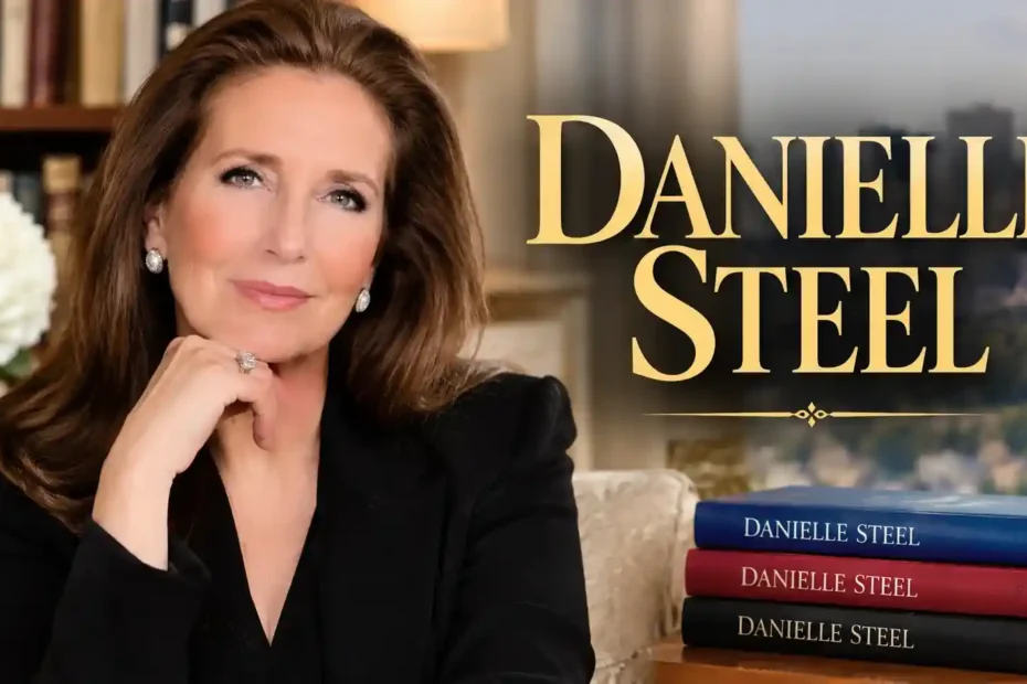 Danielle Steel portrait with her bestselling books