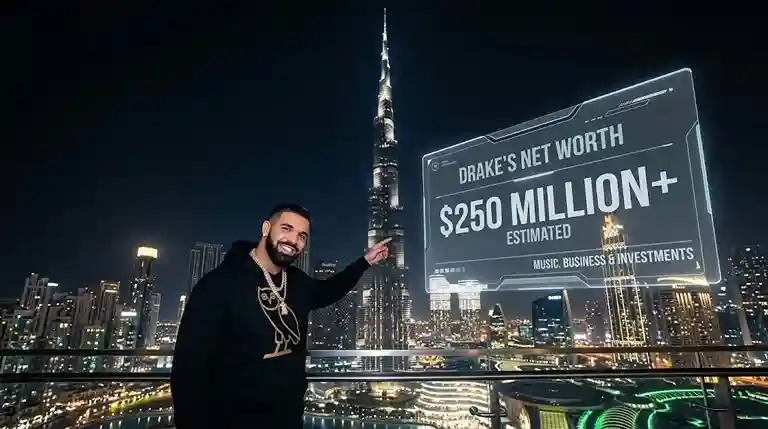 Drake standing in front of Burj Khalifa Dubai highlighting his estimated net worth.