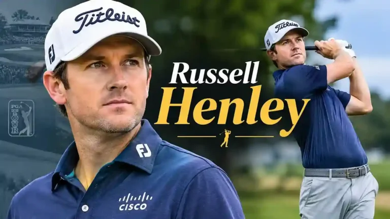 Russell Henley wearing a golf cap and navy polo shirt on a golf course during a professional golf feature.