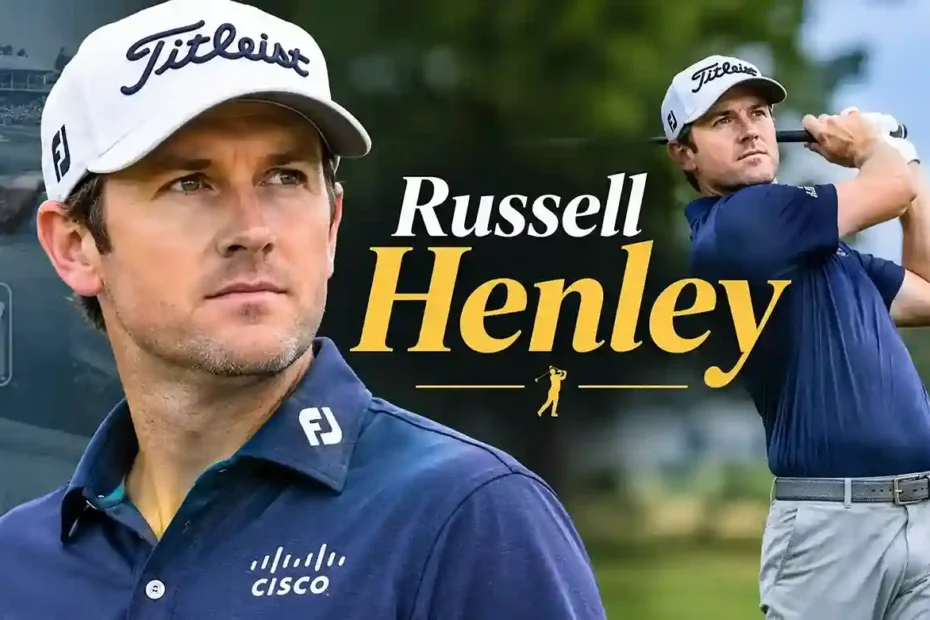 Russell Henley wearing a golf cap and navy polo shirt on a golf course during a professional golf feature.