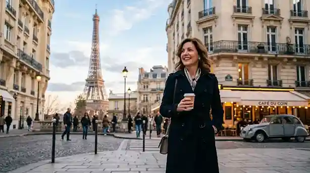 Donna Sicuranza holding a coffee cup in Paris with the Eiffel Tower and a classic cafe in the background.